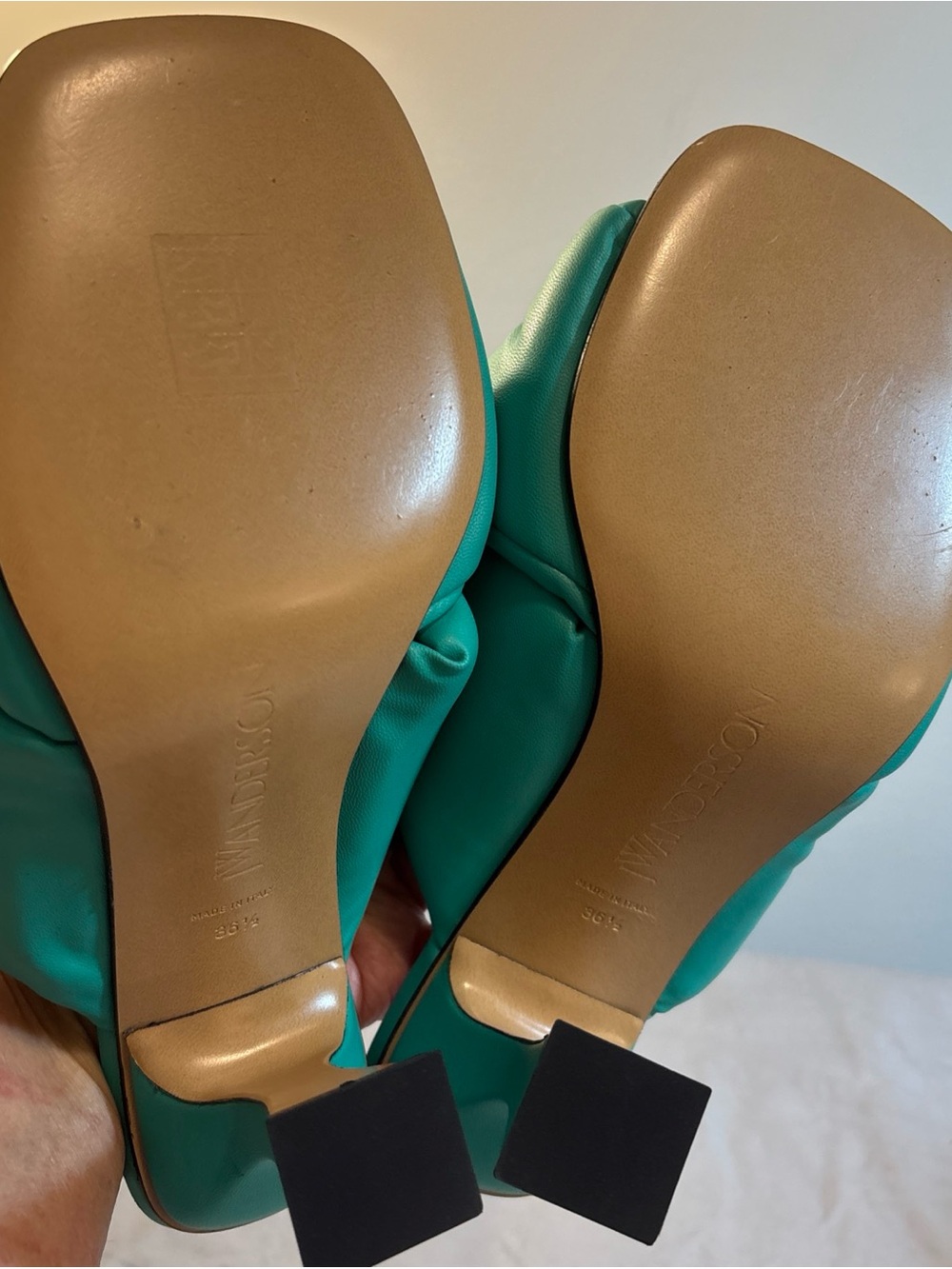 Turquoise Quilted Slide Heels with Gold Accent - Picture 12 of 13